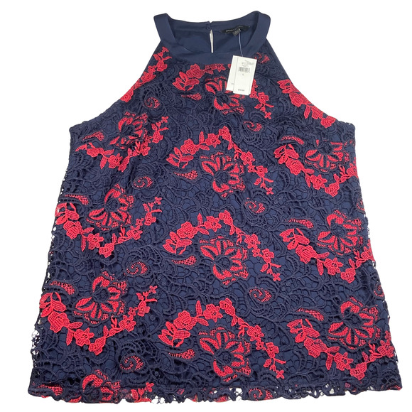 Banana Republic Tank Top Womens Large Navy Blue Red Floral Lace Sleeveless Shirt - Picture 1 of 7
